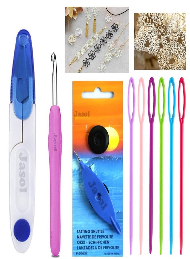 Jasol Tatting Shuttles Waving Knitting Sewing Shuttles Tools Kit with Thread Cutter Plastic Needle 1 Crochet Hooks for Crafts DIY (Mixed Color) Tatting Shuttle Kit - Image 1